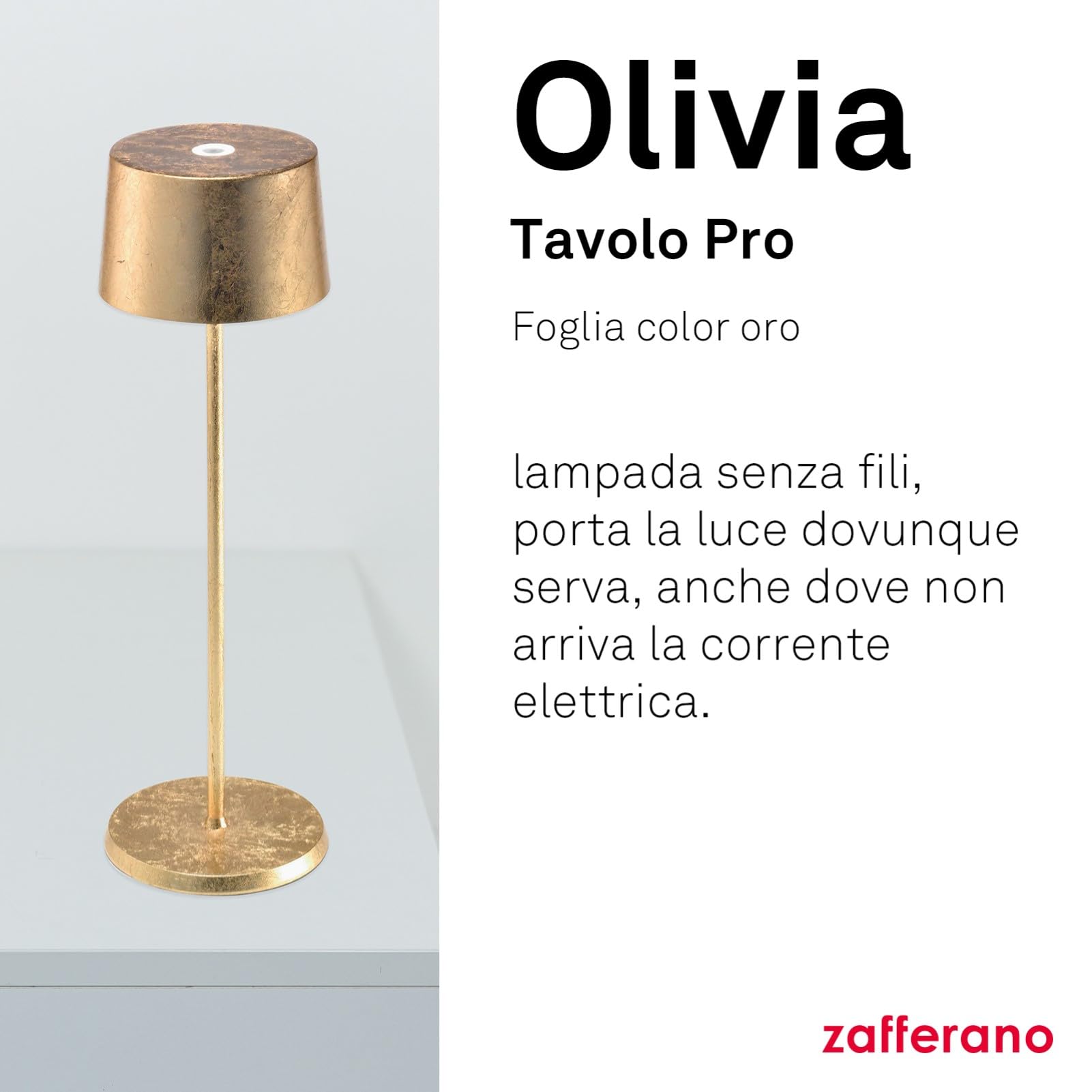Zafferano Lampada Olivia Pro con Foglia Color Oro, Lampada da Tavolo Ricaricabile e Senza Fili con Controllo Touch, Utilizzabile come Lampada da Interni, Dimmer, 2700-3000 K, Altezza 35 cm
