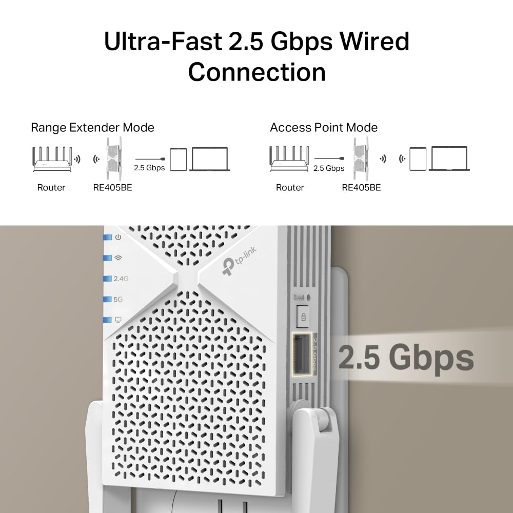 TP-Link RE405BE Wi-Fi 7 WLAN Verstärker Repeater(5764 Mbit/s 5GHz, 688 Mbit/s 2,4GHz, MLO, 2,5G-Port, EasyMesh, kompatibel mit Allen WLAN-Routern inkl. Fritzbox) | WLAN-Signalverstärker. Ethernet-Anschluss. EasyMesh kompatibel WPS-Taste für einfache Einri