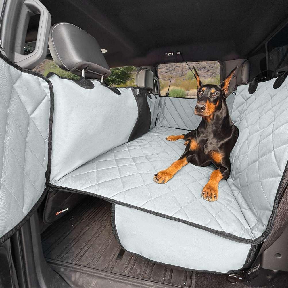 4Knines Hard Bottom Back Seat Extender for Dogs – Waterproof Dog Car Seat Cover – Heavy Duty Backseat Protector for Cars, SUVs, Trucks – Built-in EZ Open Door Protector (Patent Pending) Grey, XLarge