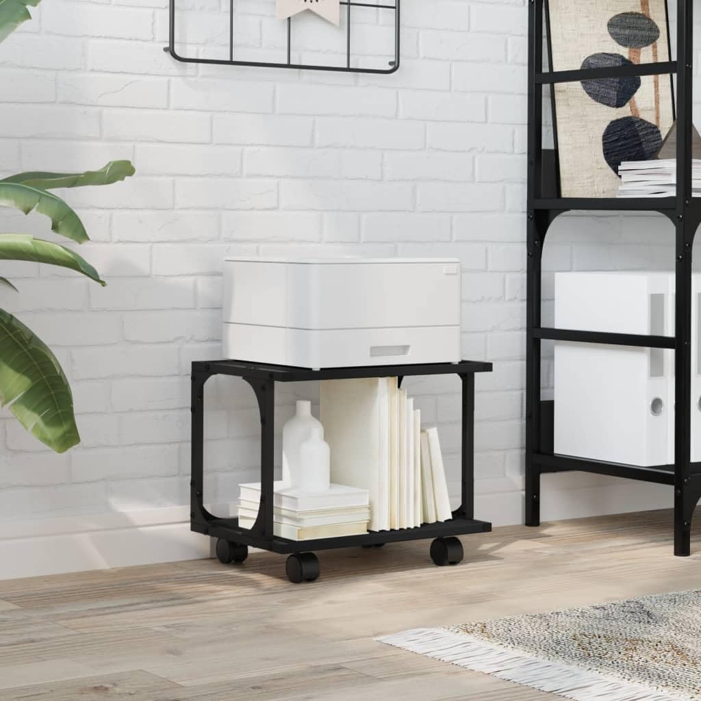 Druckerständer mit 2 Ablagen Schwarz Holzwerkstoff und Stahl 41x28x33,5 cm mit Rollen 2 Bremsen flexibel als Druckertisch, Büroorganisation, Regal und Ablage für Homeoffice