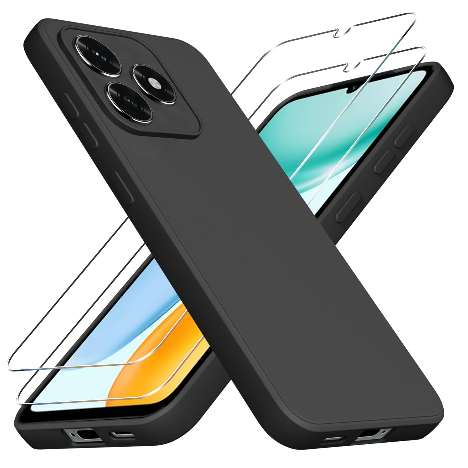 ZhuoFan Cover Compatibile con HONOR X5c Plus con 2 Pezzi Pellicola Vetro Temperato, Gomma Gel di Silicone Liquida Antiurto Anti-Scratch Custodia - Nero