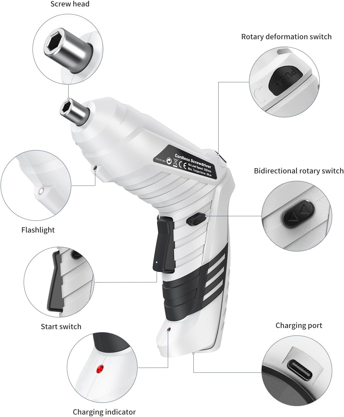 SHAVINGFUN Atornillador,Destornillador Eléctrico, Baterías con 47 Accesorios,Velocidad Máxima 180 RPM,Cargador USB 1300mAh y Mango Regulable en 2 Posiciones,LED,Caja Compacta