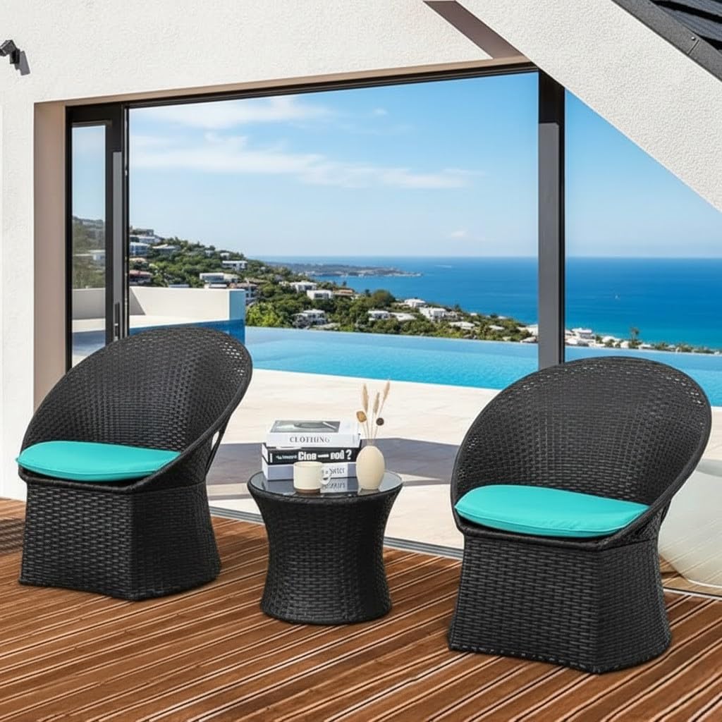 LOCCUS 3-Piece Garden & Patio Rattan Wicker Set – Outdoor Sofa Chairs and Center Table for Balcony, Terrace, or Poolside (Dark Brown & Sky Blue)-image-30