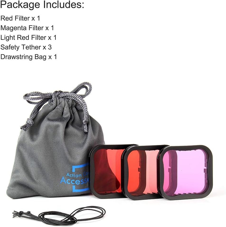 Underwater Camera Dive Filters for GoPro Hero 5, 6 and 7 Black Super Suit Waterproof Housing Case in Red, Light Red, and Magenta, Professional Color Correcting Photography Accessory