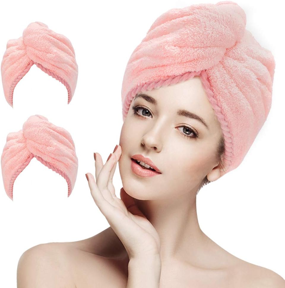 2 Pack Hair Towel Wrap Turban Microfiber Drying Bath Shower Head Towel with Buttons,Learja Quick Dry Super Absorbent for Long & Curly Hair(Pink
