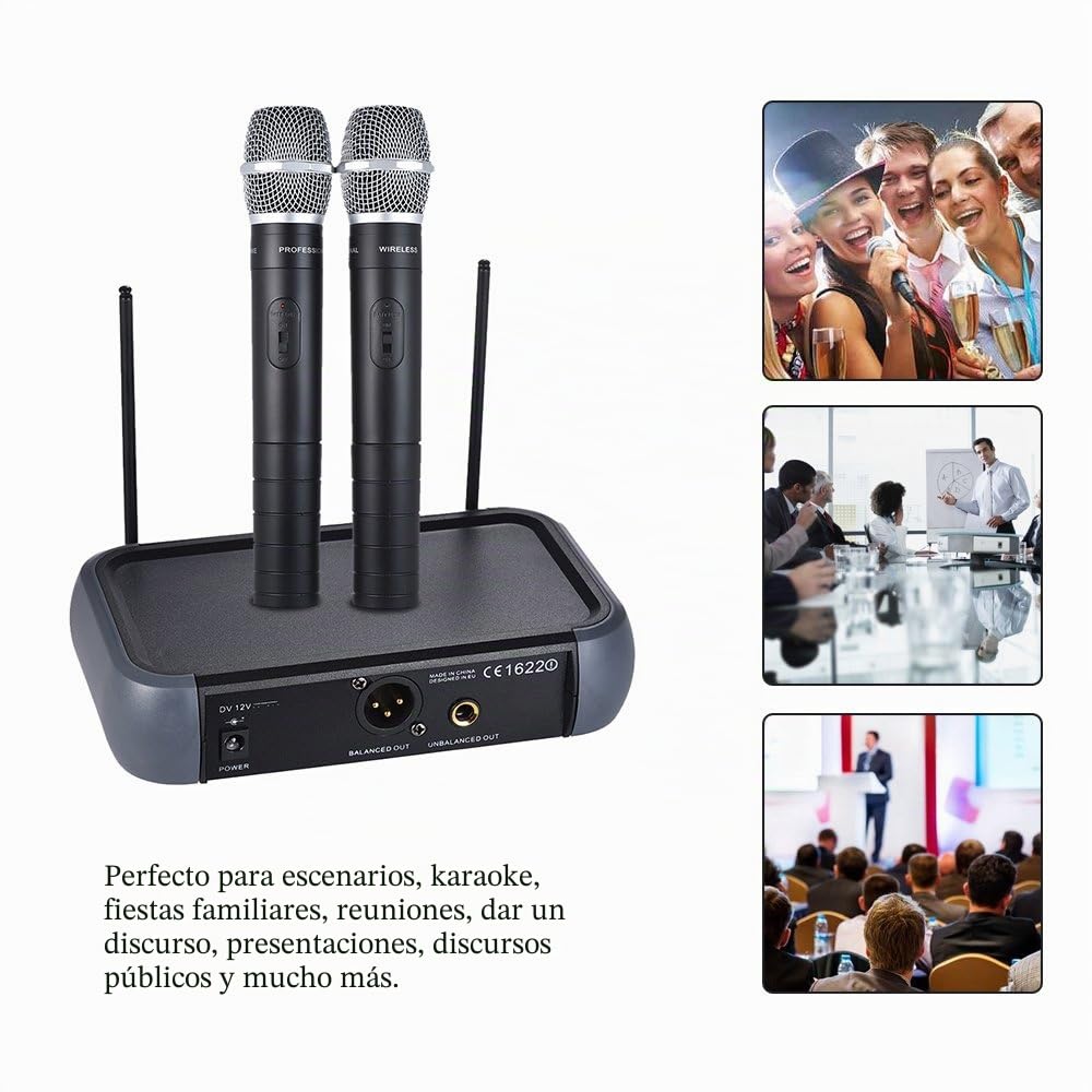Micrófono de Mano Inalámbrico VHF de Doble Canal con Función Eco 2 Micrófonos y 1 Receptor 210-280MHz Distancia de Trabajo 40 Metros Cable de Audio de 6,35 Mm para Karaoke Fiesta Familiar