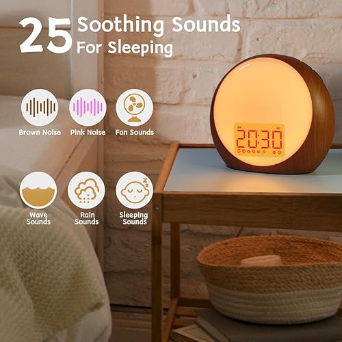 Miniatura 3 de Reloj despertador de amanecer despertador, máquina de ruido marrón claro, 29 tonos de alarma con simulación de amanecer y atardecer para personas