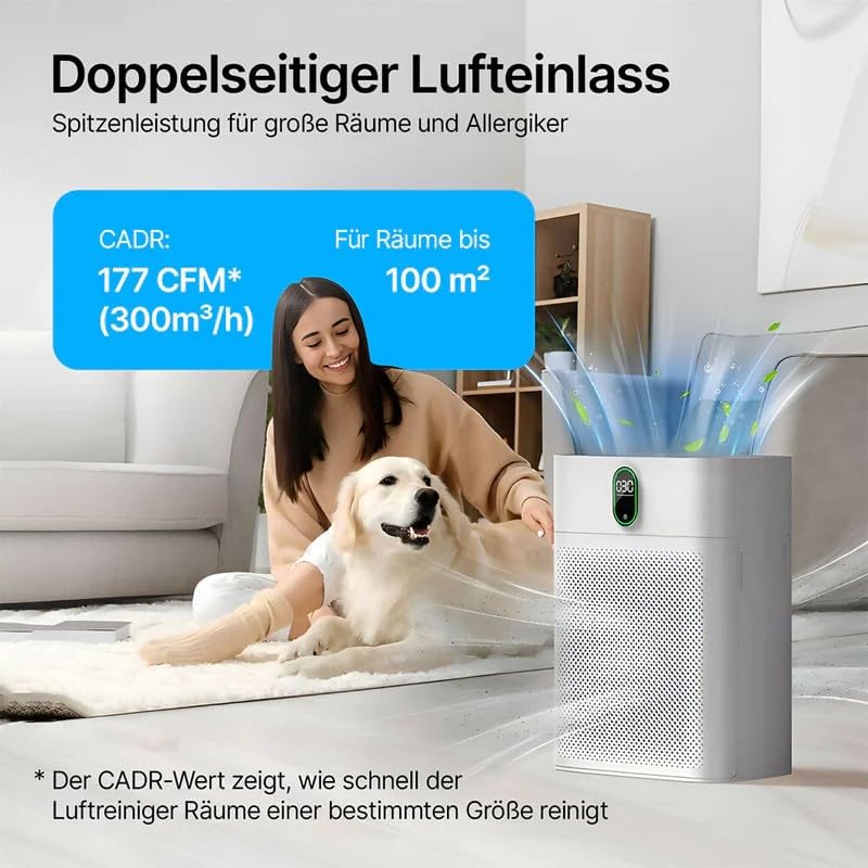 Air purifier operating in a living room with a dog and owner, illustrating double-sided air intake and coverage for large rooms.