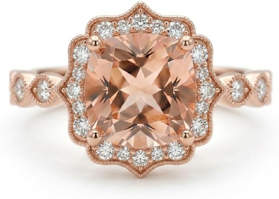 14k Rose Gold Cushion Cut Morganite Halo Ring, Art Deco Peach Wedding Band