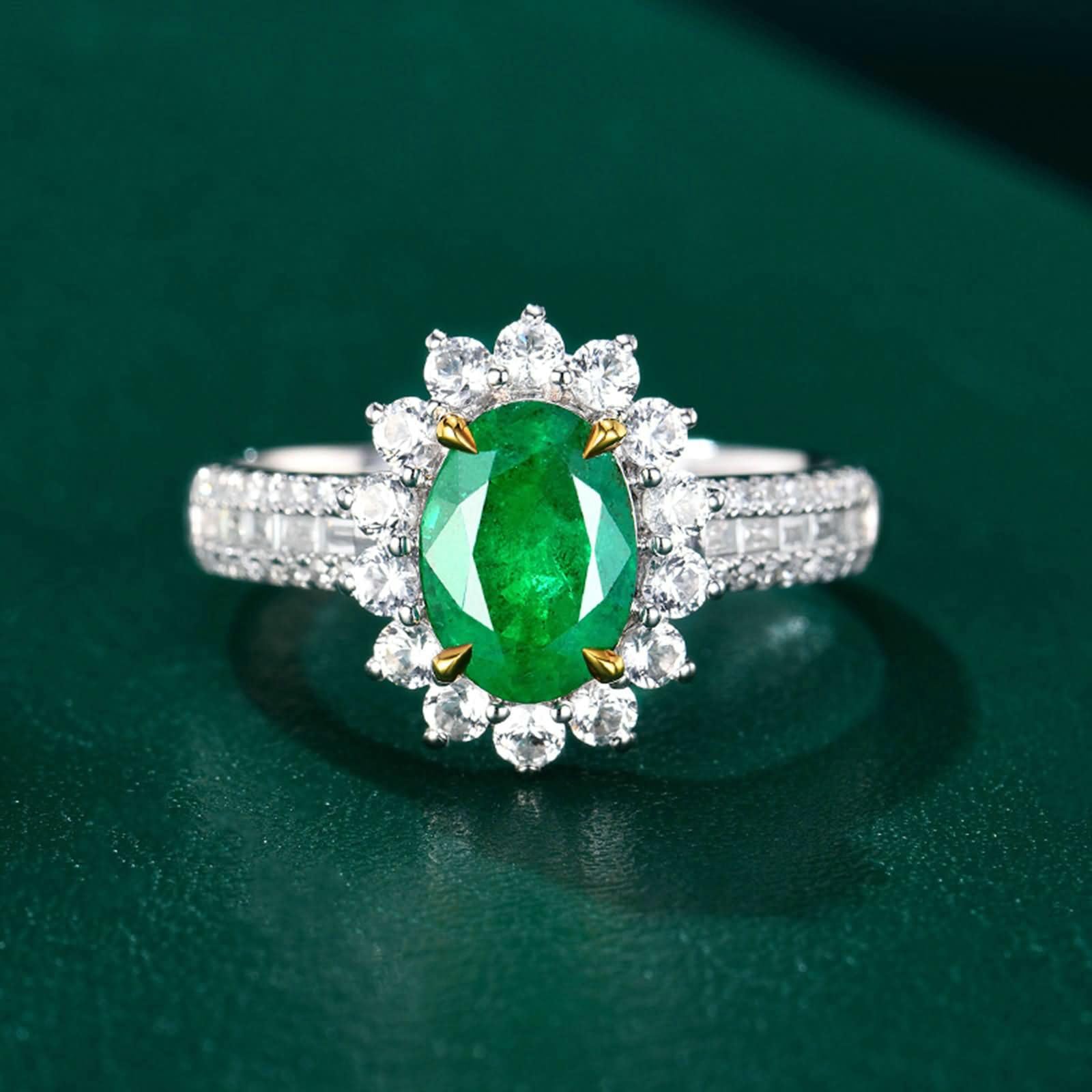 Pierścionki zaręczynowe damskie białe złoto 375/585/750, kwiat i 4 szczęki owalne 1,1 ct szmaragd i diament, zielone srebrne pierścionki zaręczynowe dla kobiet