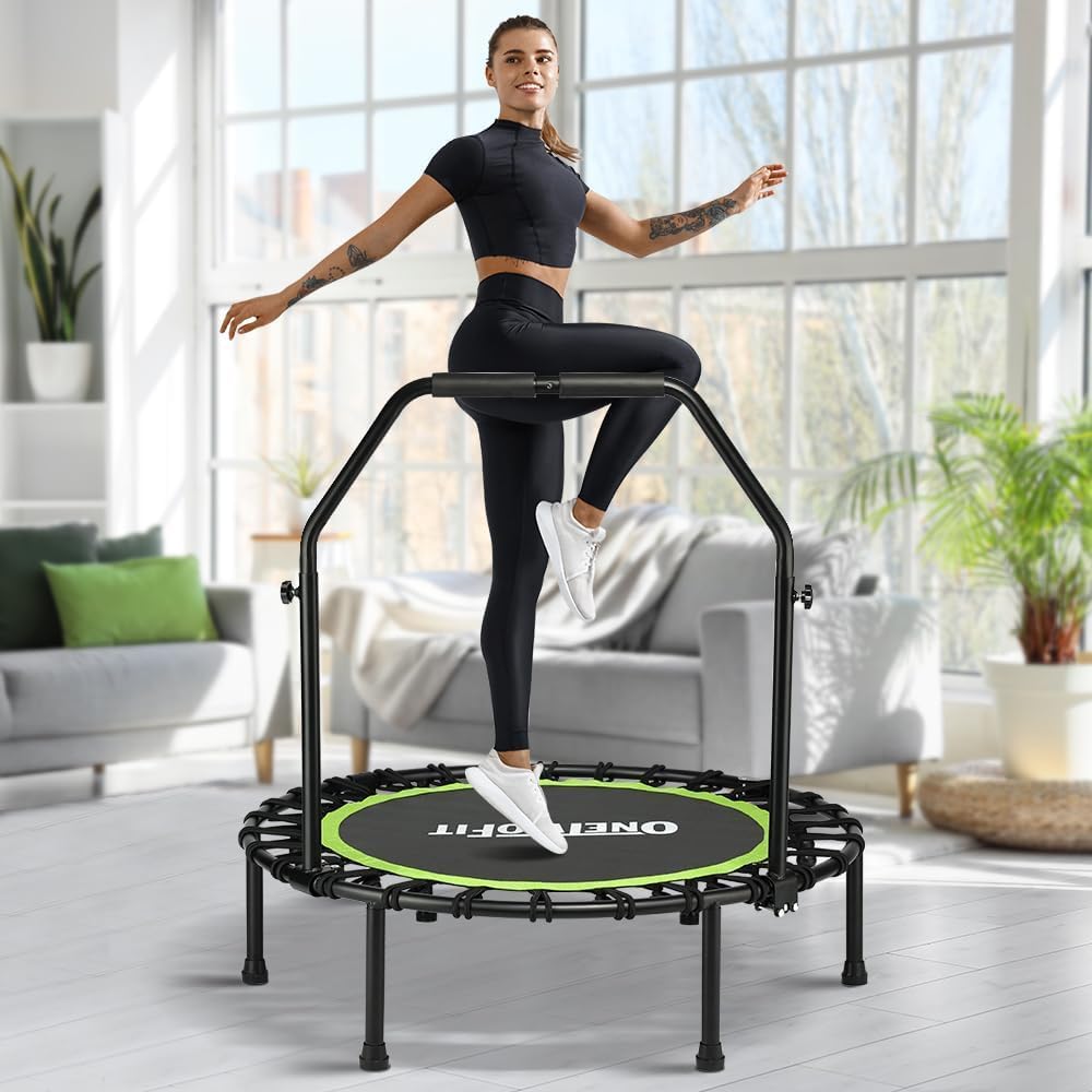 Foldable Rebounder Trampoline for Adults, 40/42/45” Mini Fitness Trampoline W/Adjustable Foam Handle Bungees, Quiet Exercise Trampoline for Personal Indoor Workout