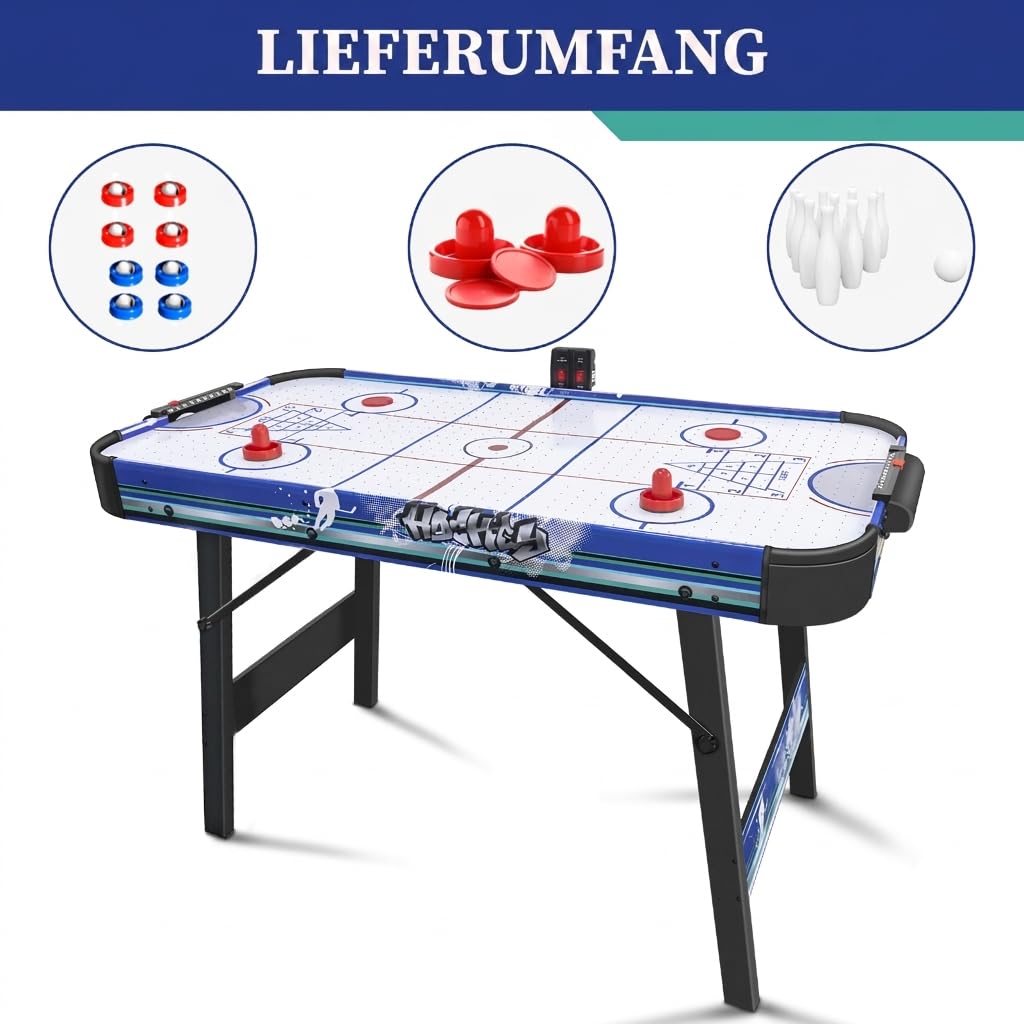 Klappbarer Airhockey Tisch 122cm mit Luftkissen-Effekt - 3-in-1 Spiel für Familie: Hockey, Bowling, Shuffleboard - Scoreboard, 2 Pucks + Schläger - Zuhause Freizeit Geschenk