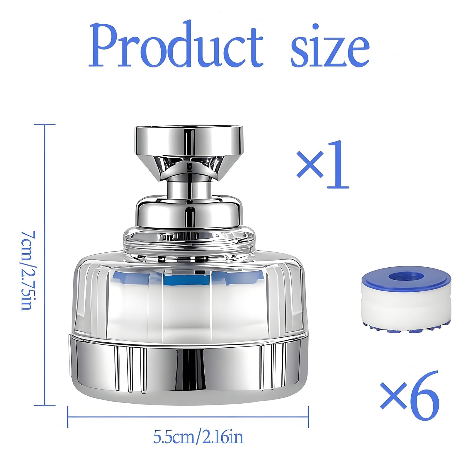 Filtre à eau Robinet Anti Calcaire avec 6 éléments Filtrants en coton PP, Tête de Pulvérisateur Rotatif 360°