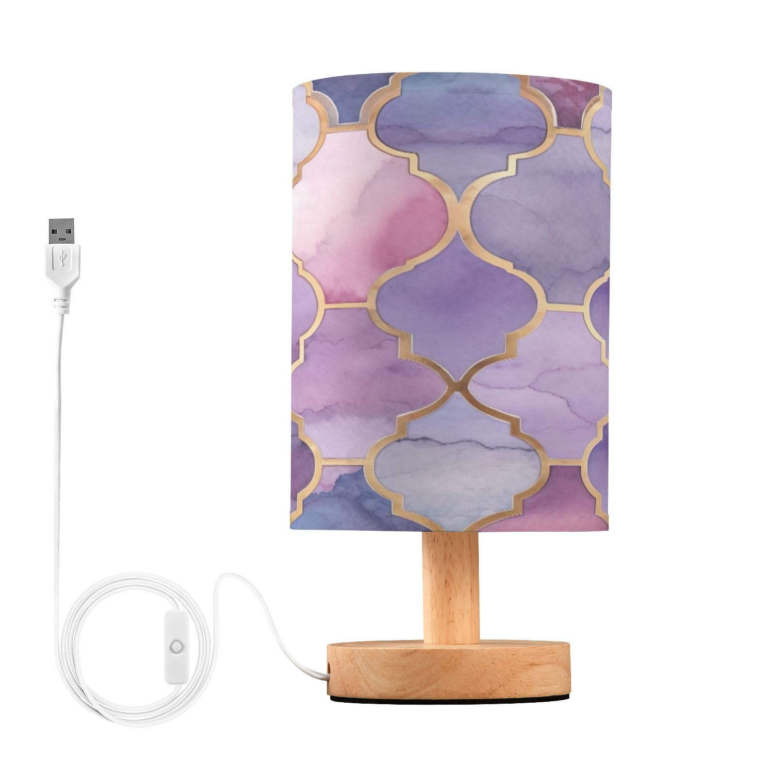 SDMKA Watercolor Geometric Tiled Bedside Table Lamp for Bedroom, Minimalist Nightstand Lamp with Round Fabric Shade for Living Room, Office, No Bulb Required