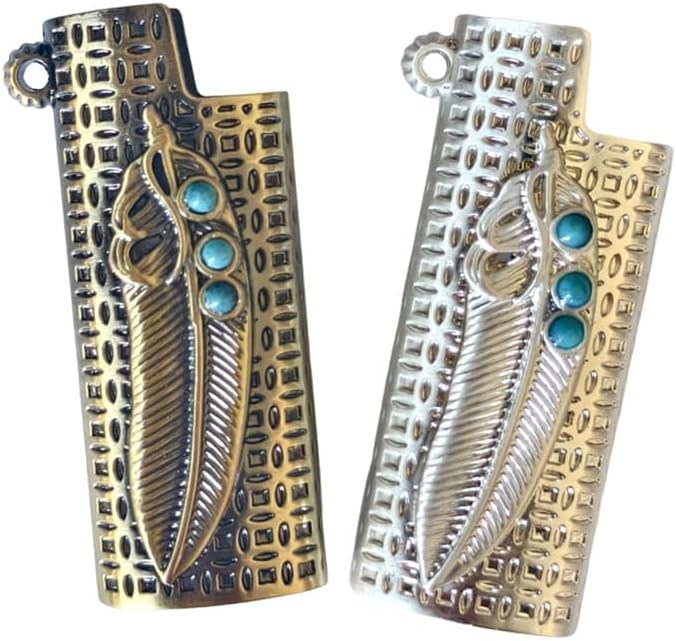 Vintage Lighter Case for Mini BIC J5, 2 Pcs Metal Leaf Pattern Lighter Holder Cover (Bonze and Silver)