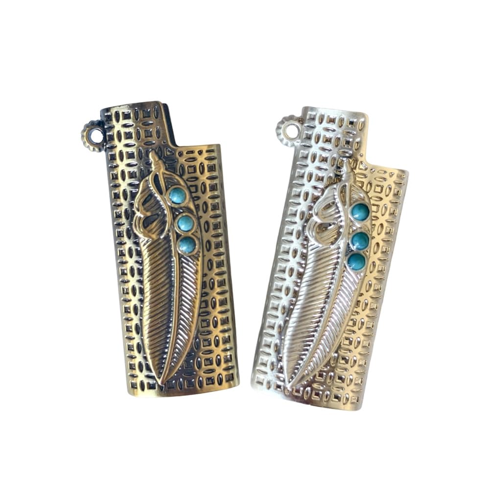 Vintage Lighter Case for Mini BIC J5, 2 Pcs Metal Leaf Pattern Lighter Holder Cover (Bonze and Silver)