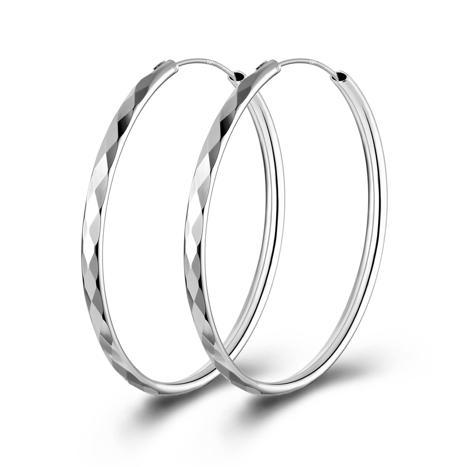 Silver Hoop Earrings for Women, White Gold Plated Large Round Circle Endless Huggie Hinged Big Hoop Earrings Jewellery Girls Gifts, 30/40/50/60mm Hoops