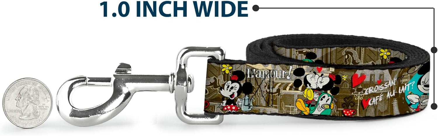 Buckle-Down Pet Leash - Mickey & Minnie Croissant de Triomphe Scenes - 4 Feet Long - 1.5" Wide