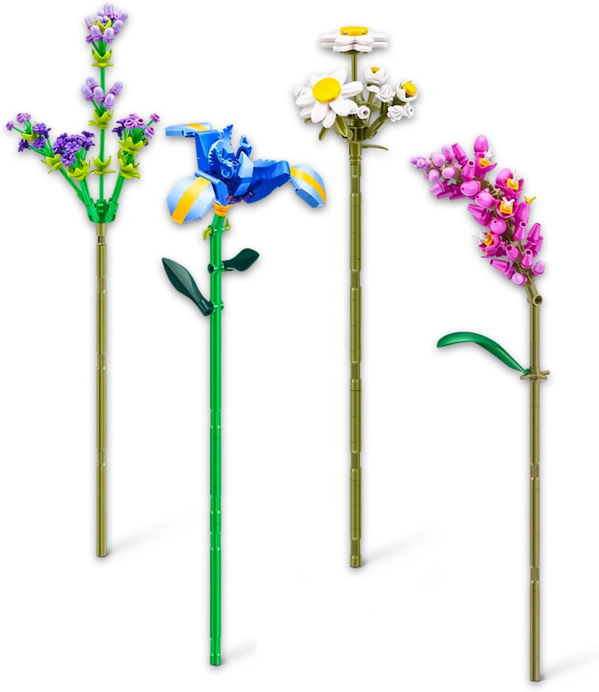 Four different brick-built flowers: Lavender, a blue flower, a white daisy, and a pink flower, standing upright.