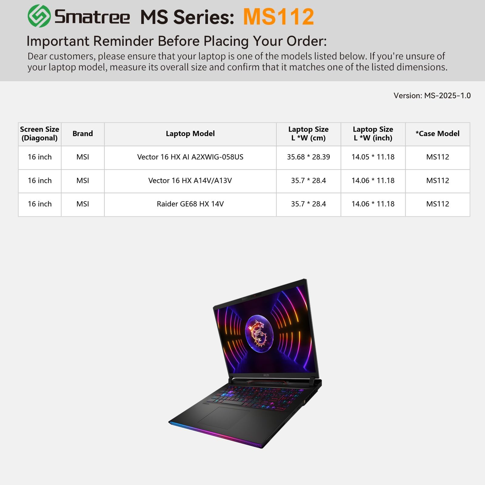 Smatree MS112 Custodia protettiva rigida in EVA con stand compatibile per 16 pollici MSI Raider GE68 HX 14V, MSI Vector 16 HX A14V/A13V, Borsa per notebook sottile e anti-shock
