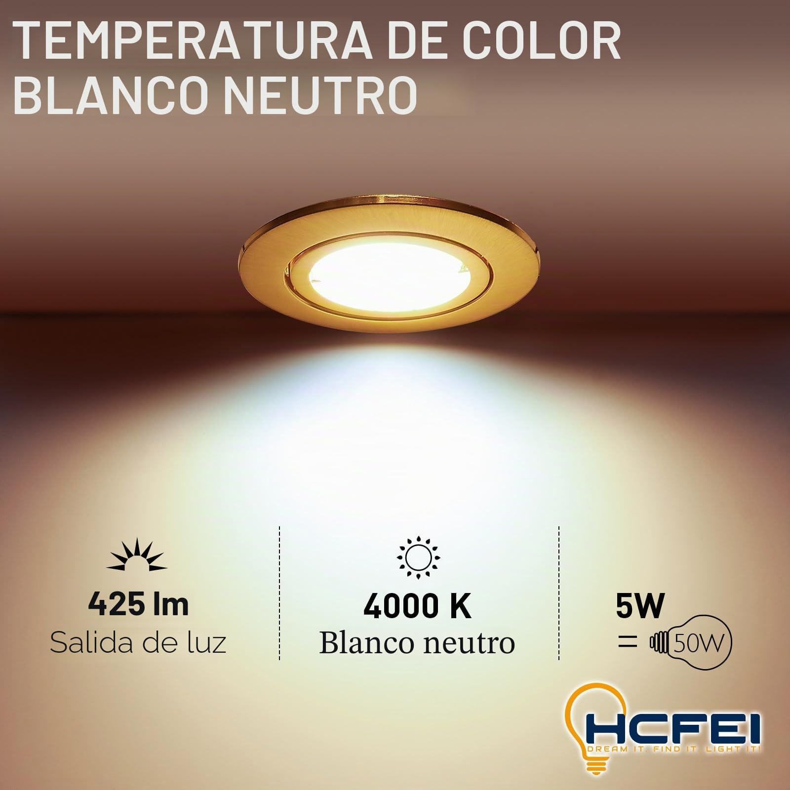 HCFEI Foco LED empotrado, regulable, oro mate, redondo, giratorio, 5 W, plano, 230 V, foco empotrado, orificio de taladro de 68 mm, ángulo de haz de 120°, blanco neutro, 4000 K (Pack de 6)
