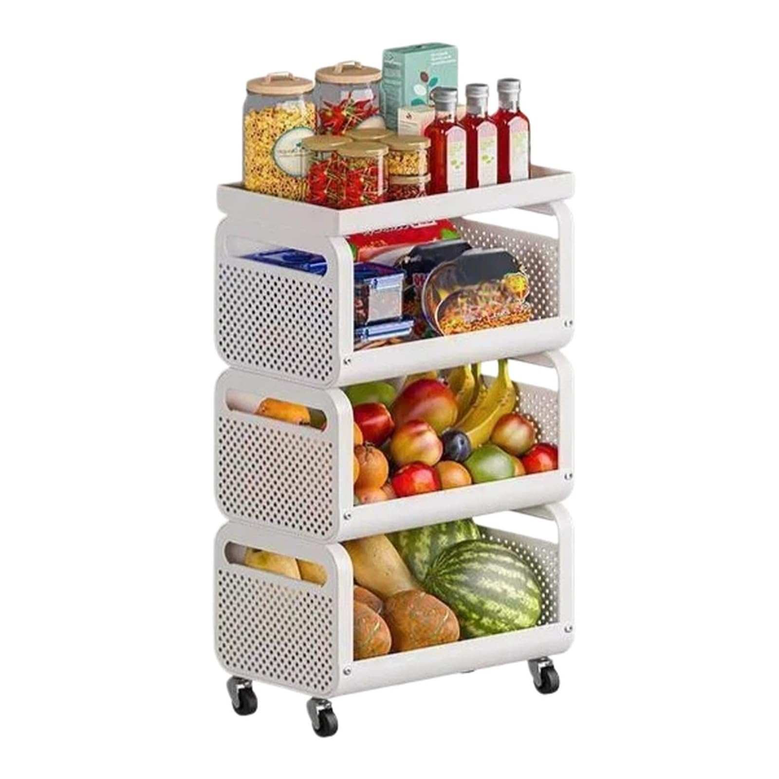 ZYYANSHOP Kitchen Storage Cart Movable 3-tier Kitchen Storage Cart Fruit and Vegetable Basket Organizer Shelf(White)