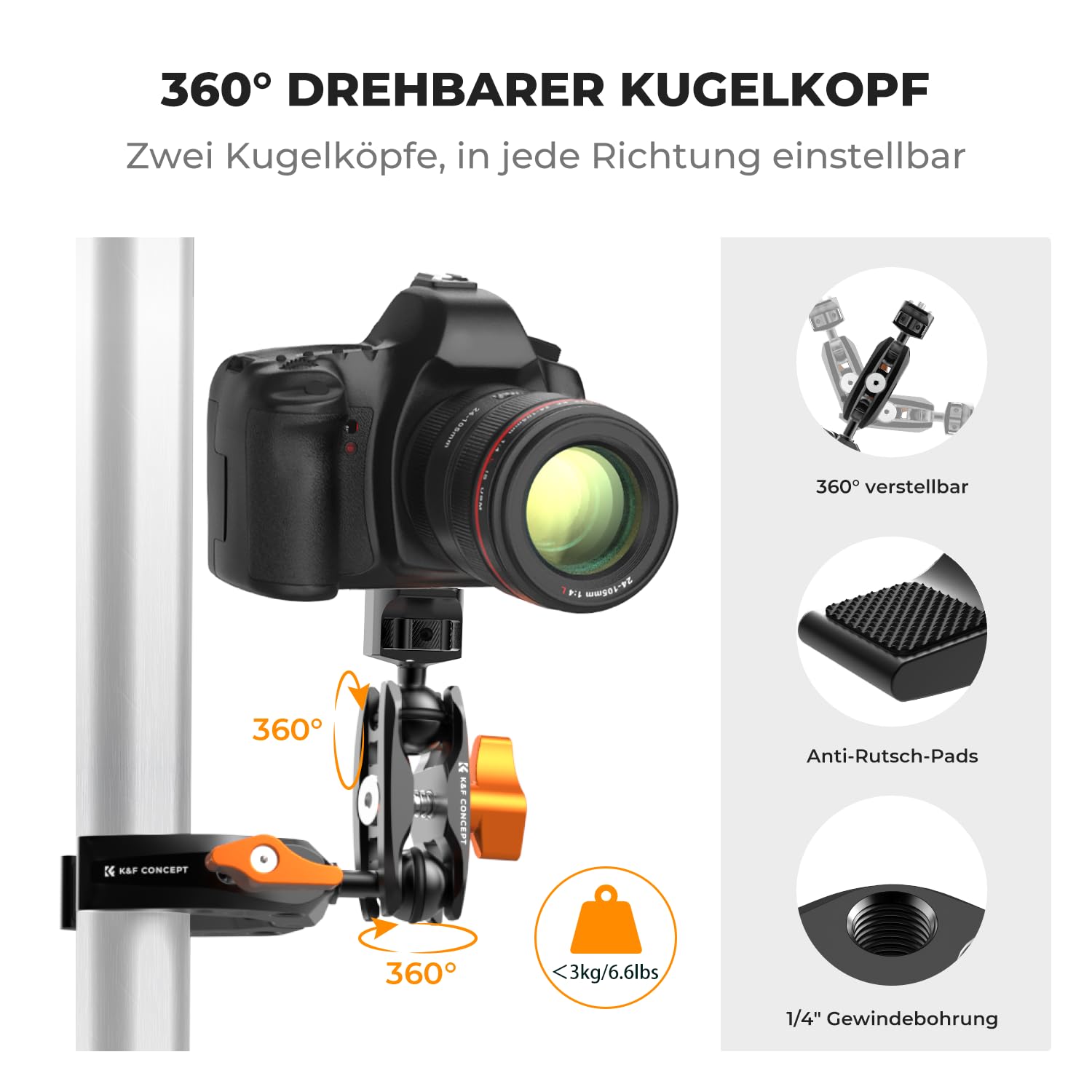 K&F CONCEPT MS13 Magic Arm mit Super Clamp,Super Klammer mit 360°Kugelkopfarm,Kamerahalterung Kompatible mit Blitzlicht/DSLR Kamera/Stabilisator,klemmstativ mit Handyhalterung