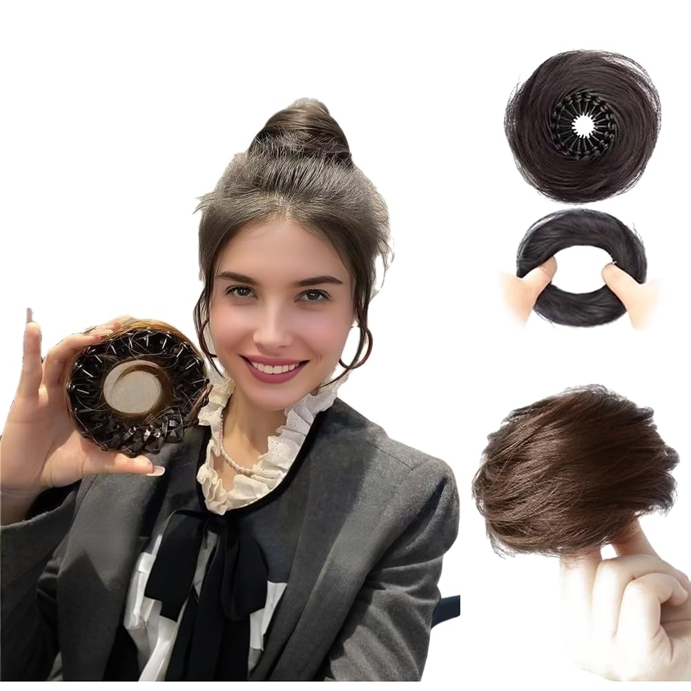 Expandable Bun Hair Piece Ponytail Extensions Synthetic Donut Updo Hairpiece Hair Bun Holder Stretchy Clip Ring(Black brown)