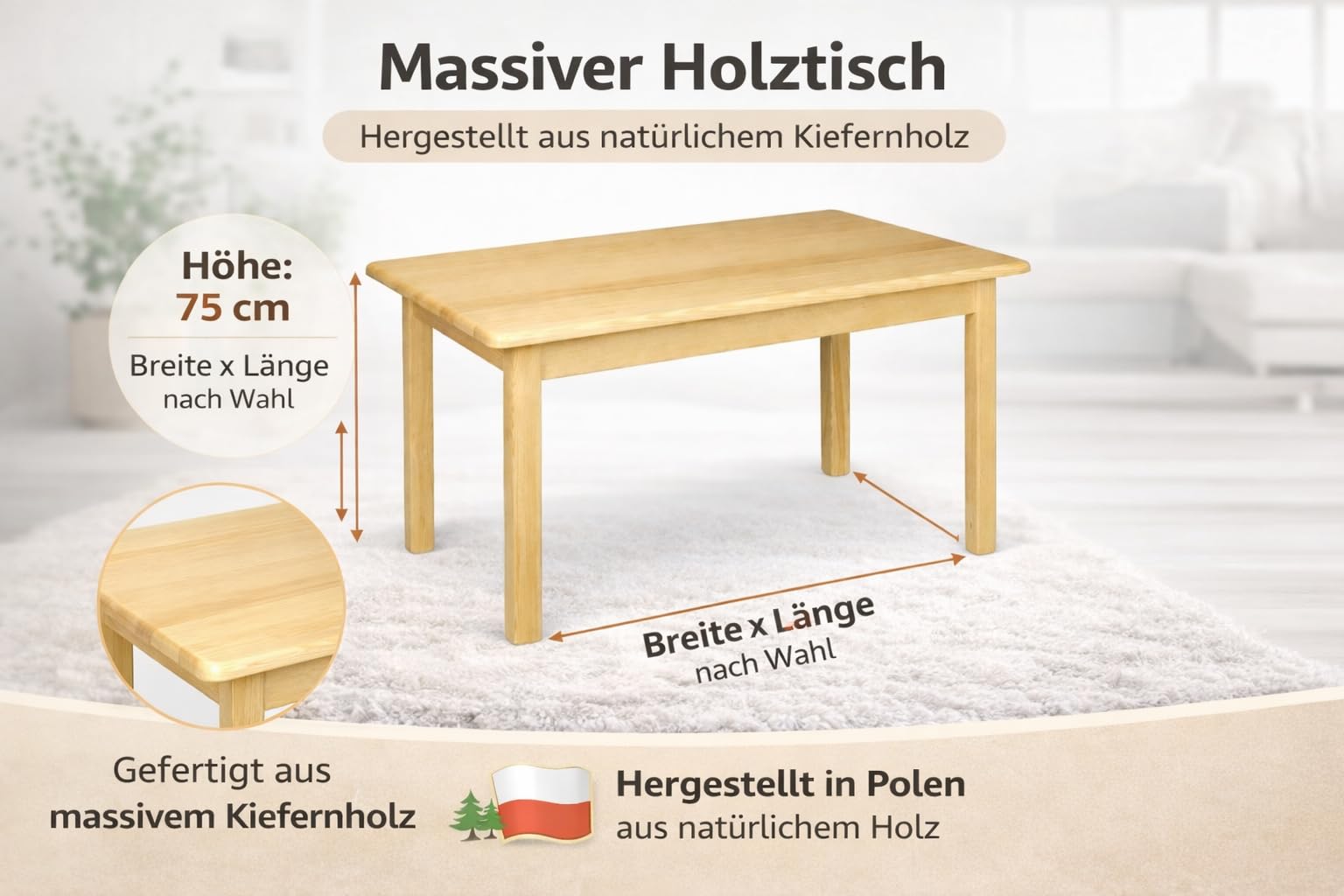 Magnetic Mobel Tisch Esstisch Küchentisch Speisetisch Kiefer massiv Restaurant Holz (50x50, Calvados) Küche, Haushalt & Wohnen