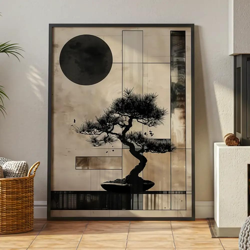 DekoArte – Cuadro decorativo Japandi 70x100 cm | cuadro con marco de madera negro incluido estilo japonés | Equilibrio natural | Hecho en España