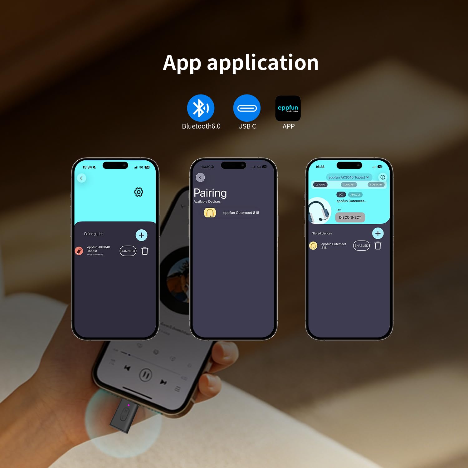 eppfun USB-C Le Audio Bluetooth 6.0 Clé Adaptateur avec LDAC APTX-Adaptive & Lossless, Auracast Émetteur Dongle pour iPhone /PS5/Switch, App d'accompagnemen