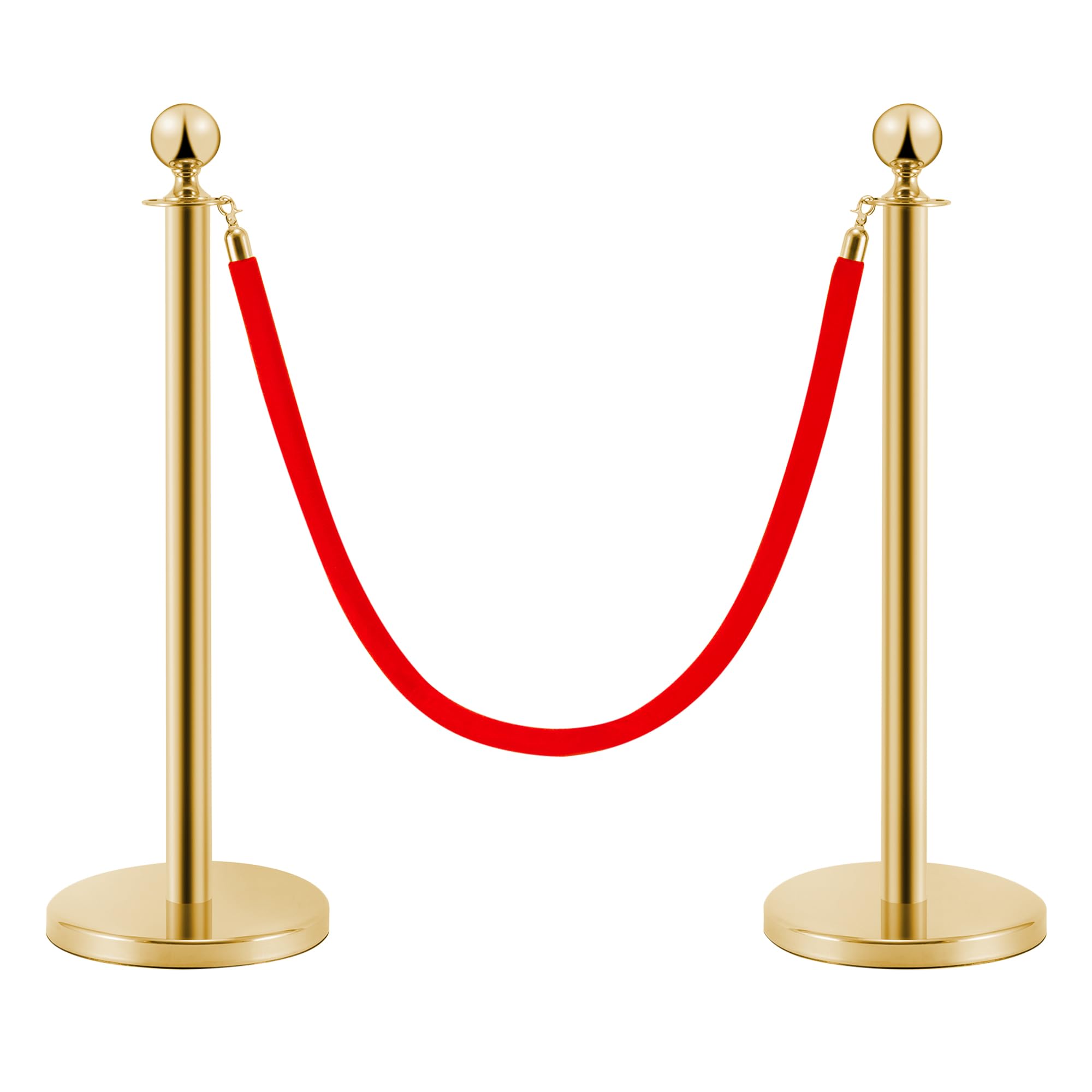PINNERS Postes Separadores de Acero Inoxidable Dorado 2 Piezas, 90 cm de Altura, Plateados con Cuerda de Terciopelo Rojo de 1,5 m, Conexión de 4 Vías, Base de 31 cm de Diámetro, Control de Multitudes