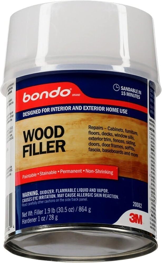 Image of 3M Bondo Wood Filler 30 oz (850.49 g) with Bondo Cream Hardner 0.5 oz (14g), Repairs Chips and Cracks in Wood, Sandable, Paintable, and Stainable (WF-QT-ES) (Pack of 3)