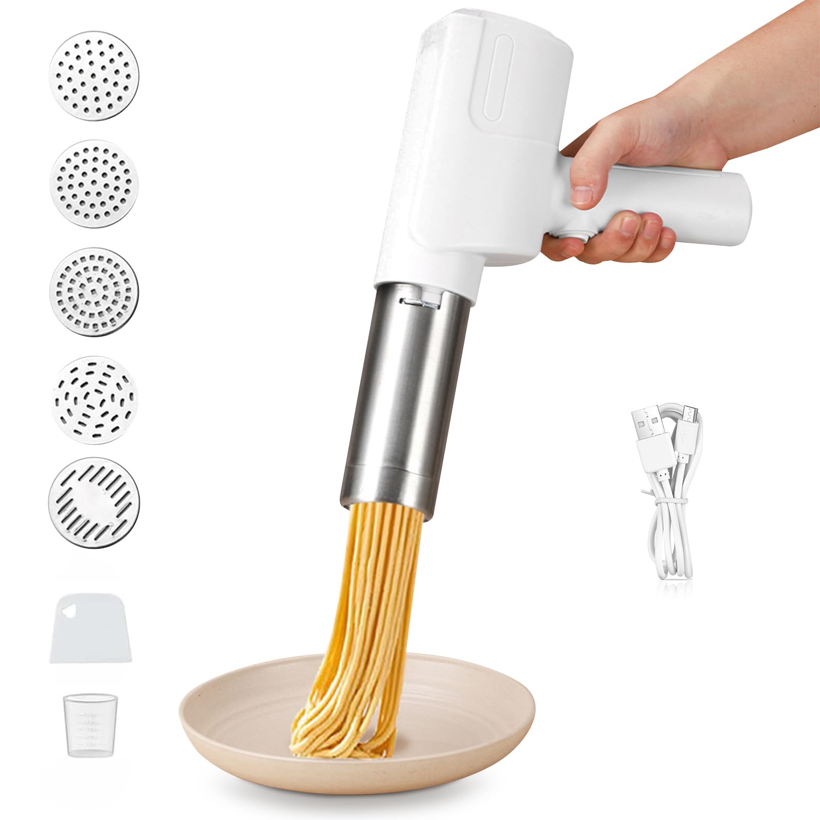 Máquina de Pasta Eléctrica,Aleación de aluminio maquina pasta fresca 2000 mAh con 5 accesorios,Inalámbrico maquina pasta,Desmontable Pasta Maker(Blanco)