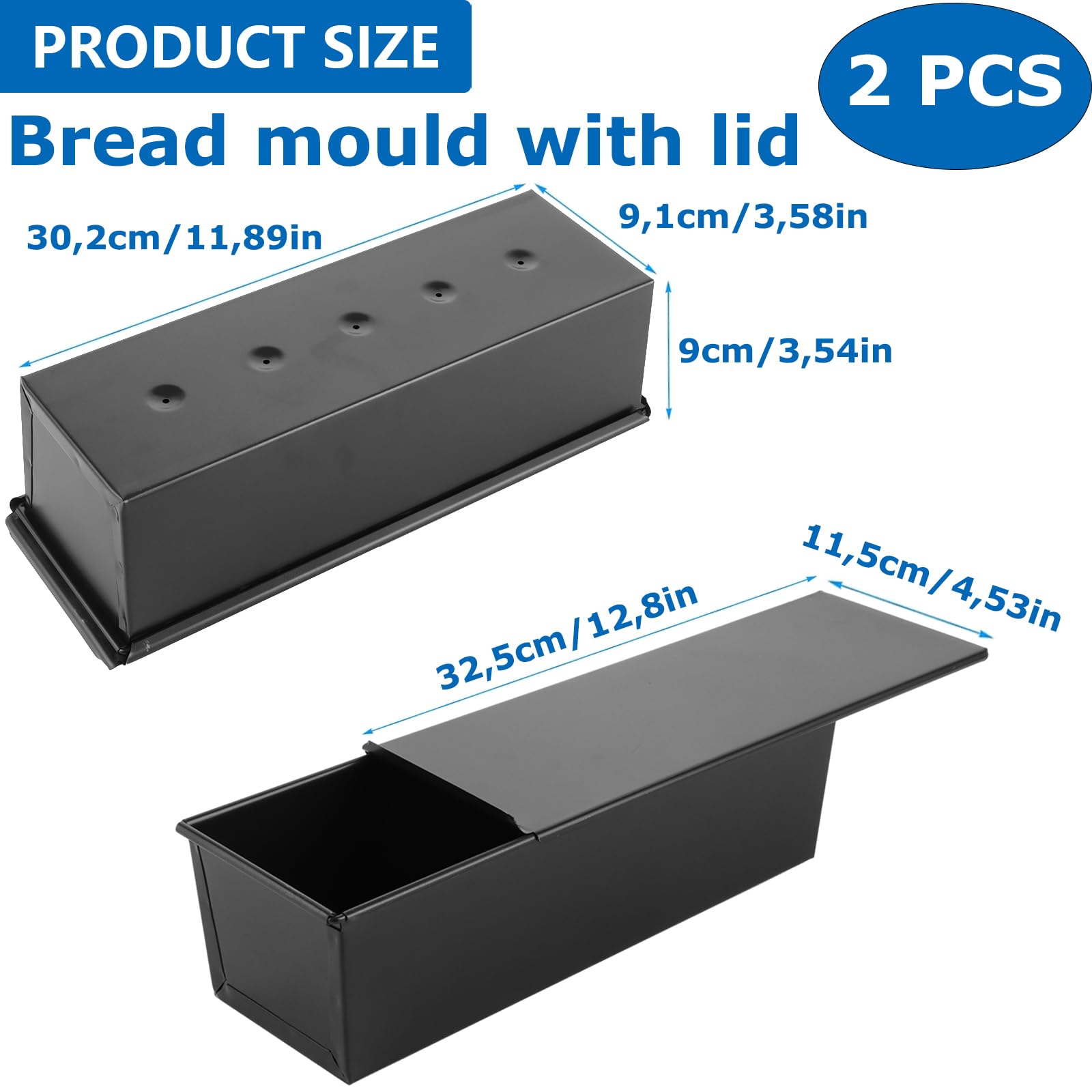 SHUESS 2 stampi per pane con coperchio, 600 g, antiaderente, per pane tostato, colore nero, per pagnotta, torte, pasticcini (32,5 x 12 x 9 cm)