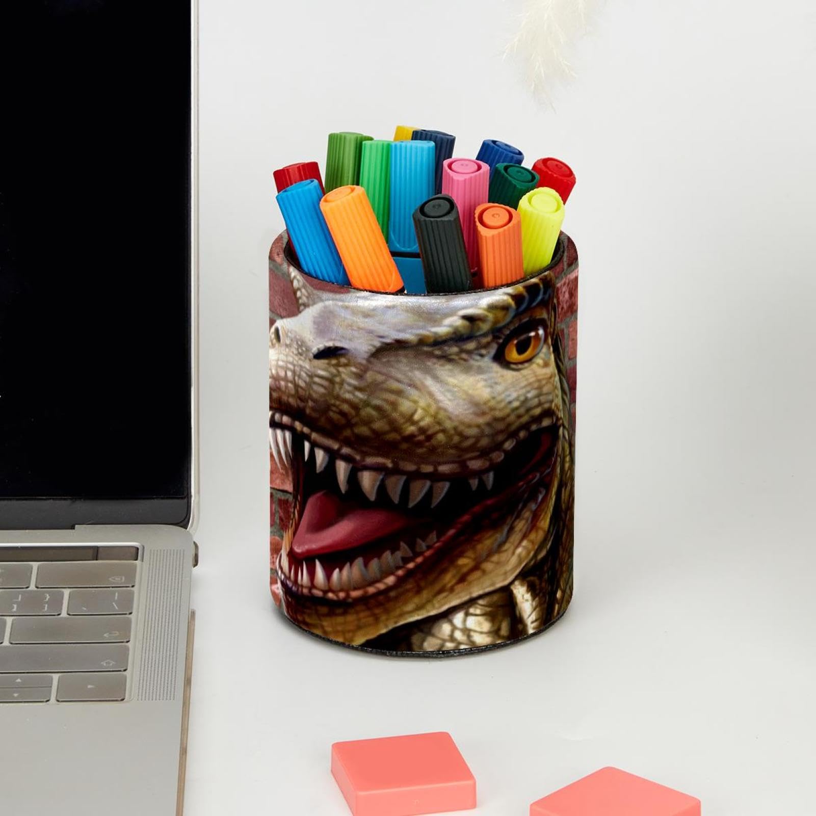 Pot à Crayons Dinosaure Pour Enfants - Cuir Synthétique, Dimensions 10,3x7,6 Cm, Pour Bureau, école, Maquillage