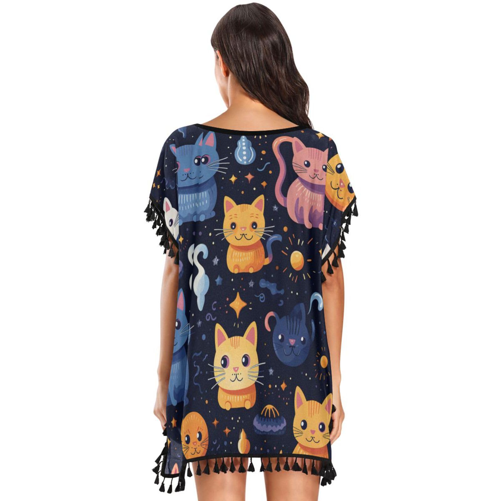 Cute Stars Cats Constellations Women's Beach Cover Up Chiffon Tassel Swimwear Swimsuit Coverups for Girl