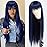 QD-Tizer Dark Blue Synthetic Hair Wigs with Full Bangs Blue Long Straight Women\'s Wig Heat Resistant Synthetic No Lace Wigs for Fashion Women 24 inch