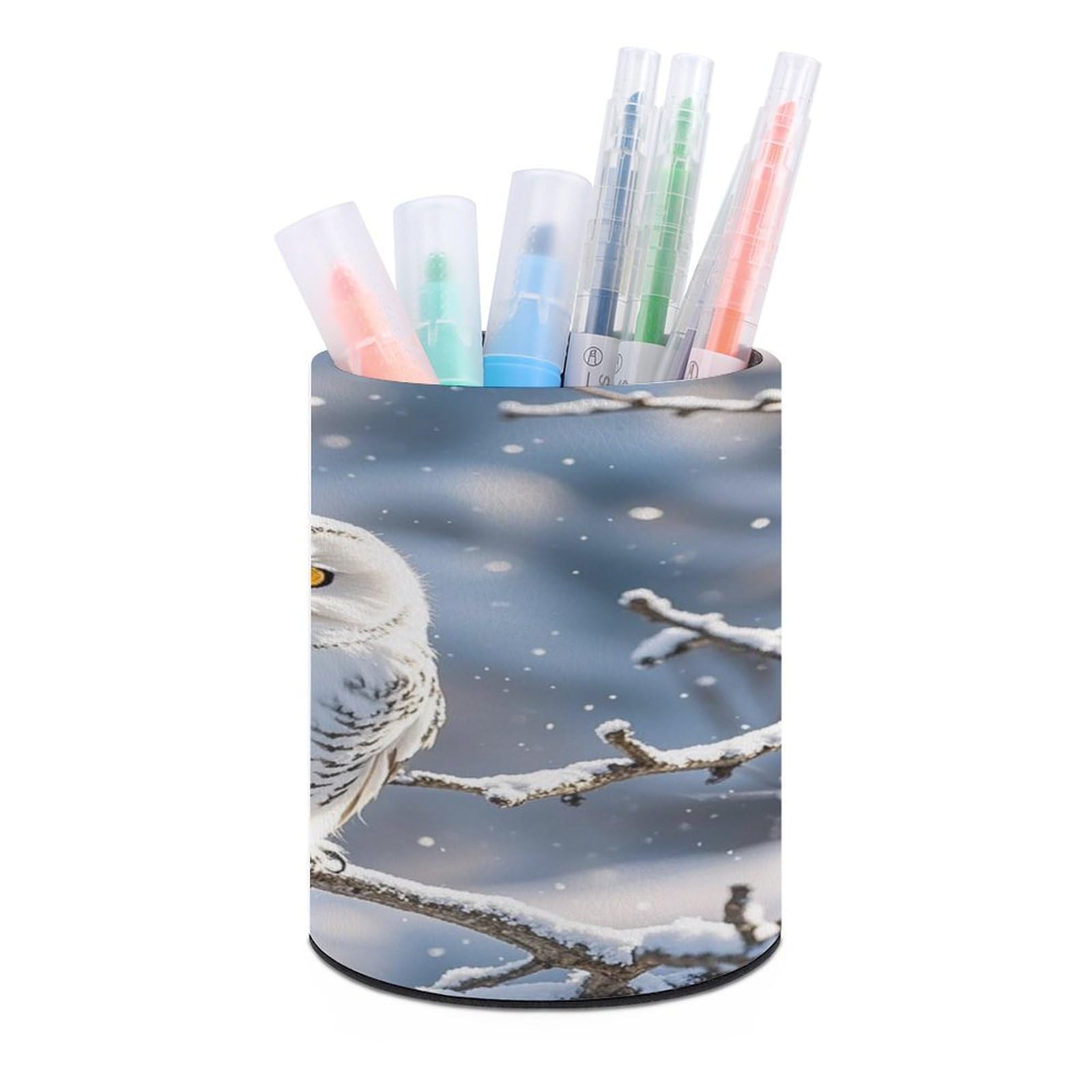 FekiLoot Round Winter White Owl Pen Holder for Desk PU Leather Waterproof Pencil Cup Stand Minimalist Makeup Brush Storage Organizer Desktop Stationery Container Accessorires