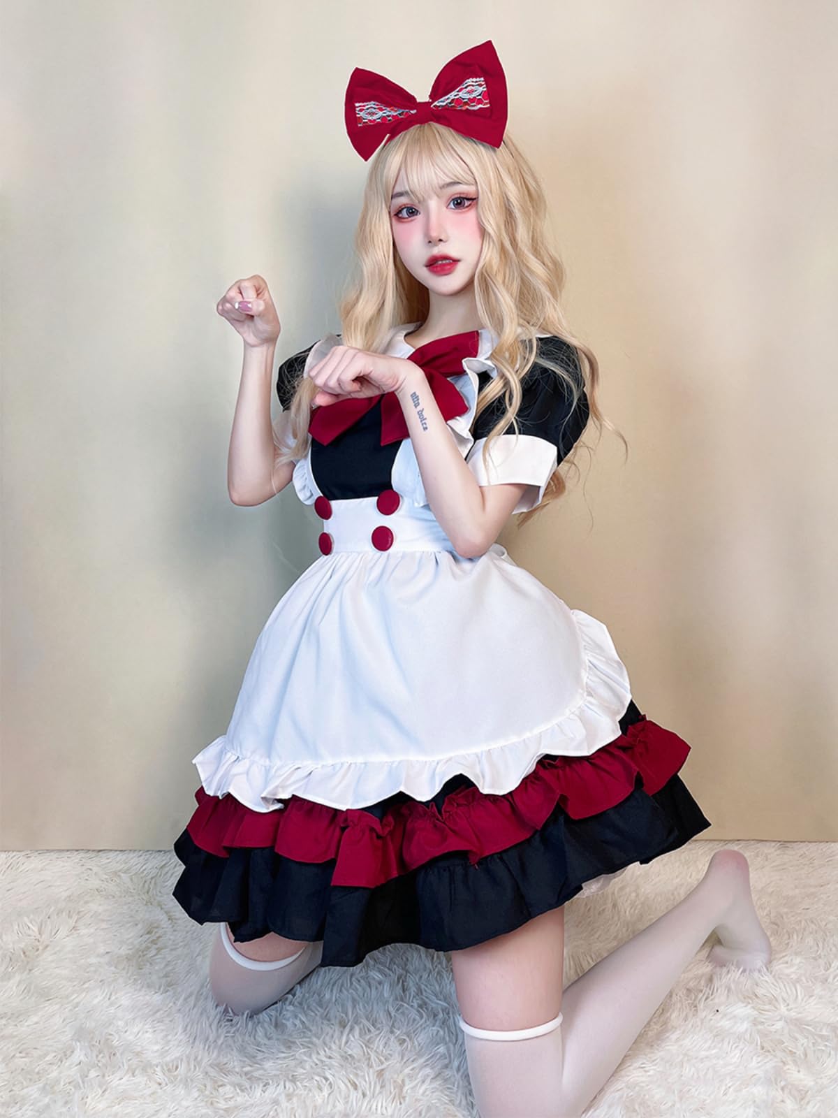 GRAJTCIN Womens Anime French Maid Outfit Lolita Cosplay Dress Halloween Costume with Socks: Large Red