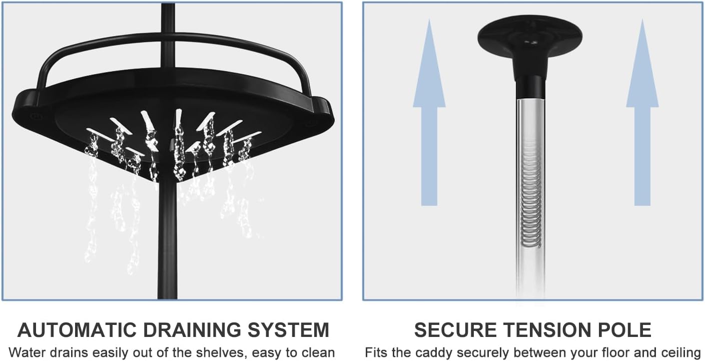 H-A Strong Shower Storage Caddy,SturdyTension Corner Pole Caddy,Commercial Grade Rustproof Bathroom Bathtub Adjustable Corner Rack (Black)