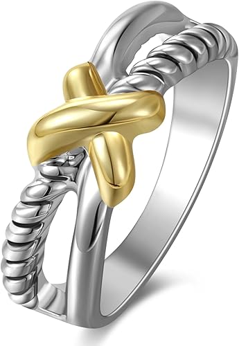 Anillos de dos tonos para mujer, anillo trenzado cruzado, alambre de moda, anillos de joyería de regalo