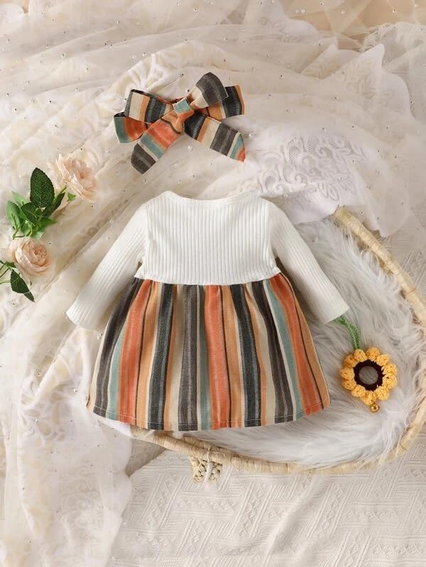 PAMBERSTON Baby Girl's Polyester Blend Frock with Full Sleeves Round Neck Waist Bow Knee Length Striped Pattern A Line Style Regular Fit White 1