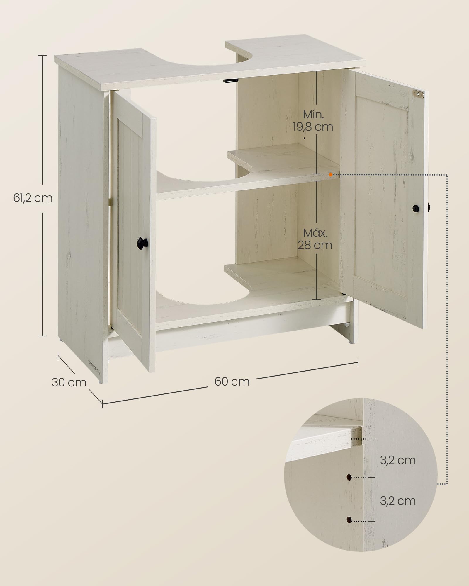 SONGMICS Home Mueble Bajo Lavabo para Baño, Montaje Súper Rápido Sin Herramientas Toolless, Armario con Estante Ajustable, para Lavabos con o sin Pedestal, Blanco Rústico BBC223WJ01