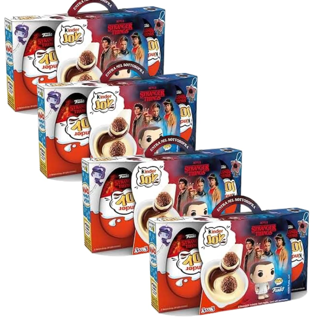 4X Paquete de 4 para Kinder Joy Edición Stranger Things, paquete de 4 con 3 huevos sorpresa cada uno, edición especial de Netflix, 60 g