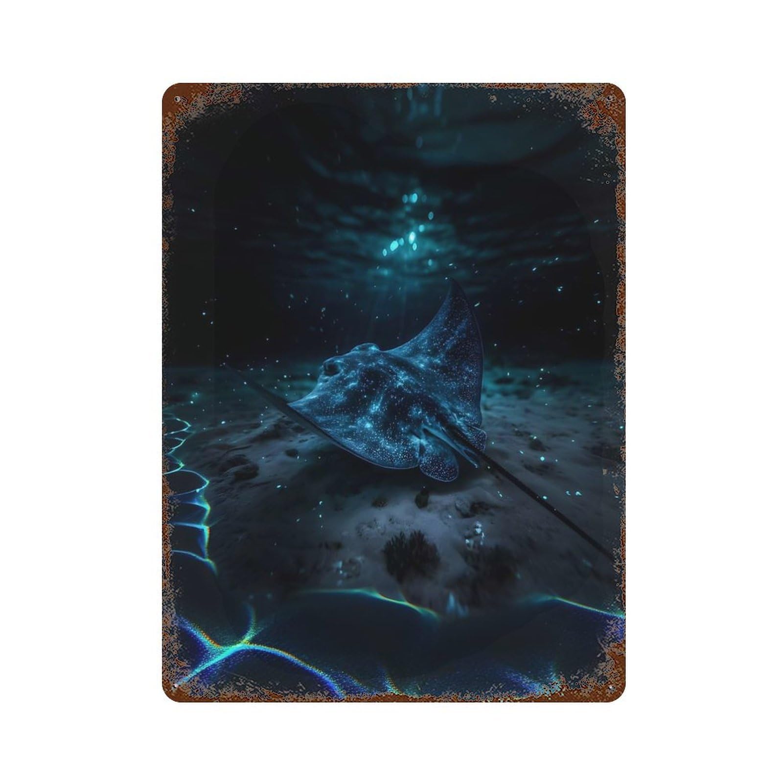 Glowing Stingray Underwater Distressed Metal Wall Sign 15.7"x11.8", Industrial Home Decor for Garage, Pub Or Kitchen