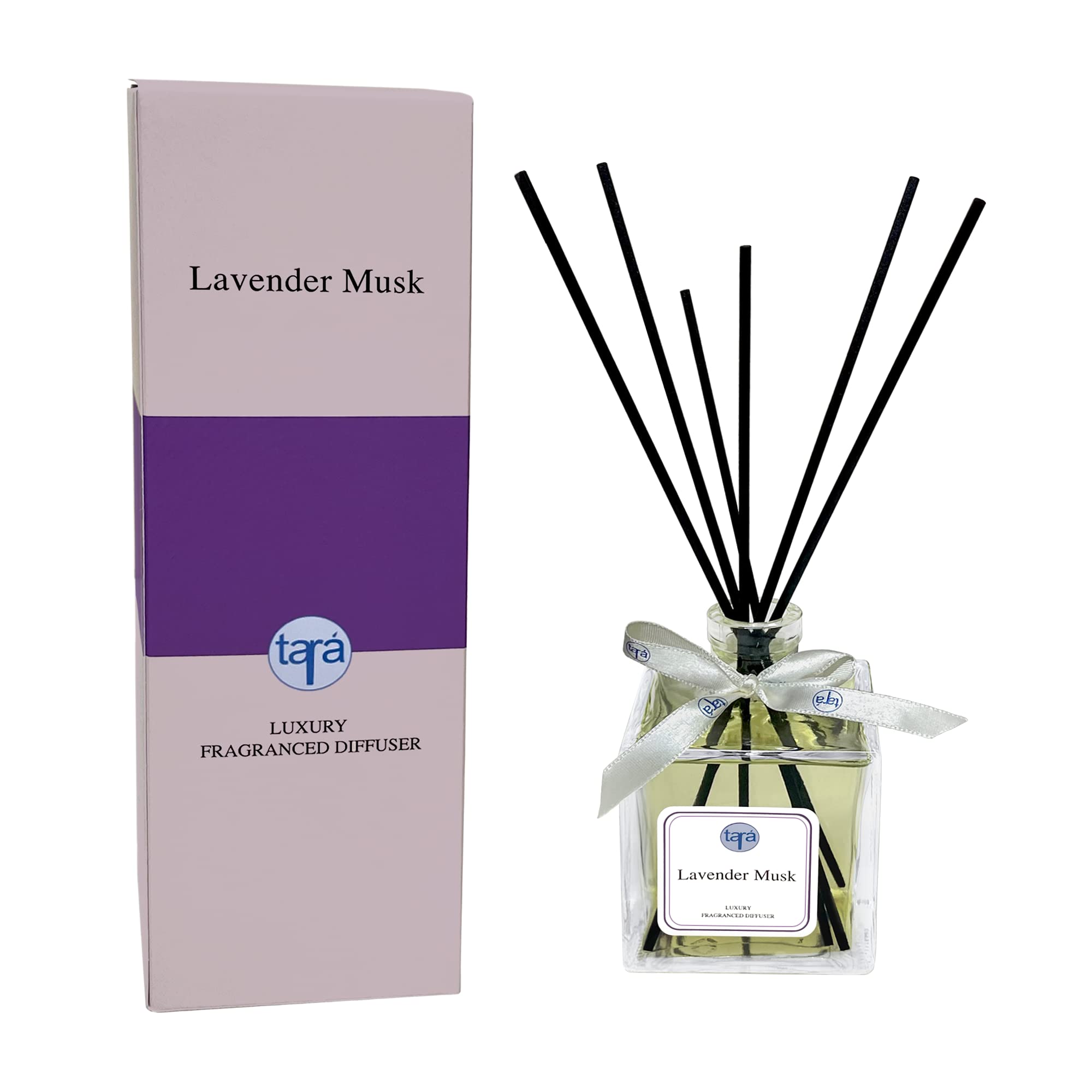TaraLavender Musk Reed Diffuser 250ml | Natural Essential Oil 10 Black Reeds | Long Lasting Indoor Home Fragrance | Bedroom, Bathroom & Office, 0% Alcohol, Lavender | Gift for Men and Women