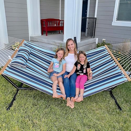 Image of Lazy Daze Hammocks 12 FT Quilted Fabric Double Hammock with Spreader Bars, Detachable Pillow and Carabiners, 450lbs Weight Capacity, Ocean Blue Stripes