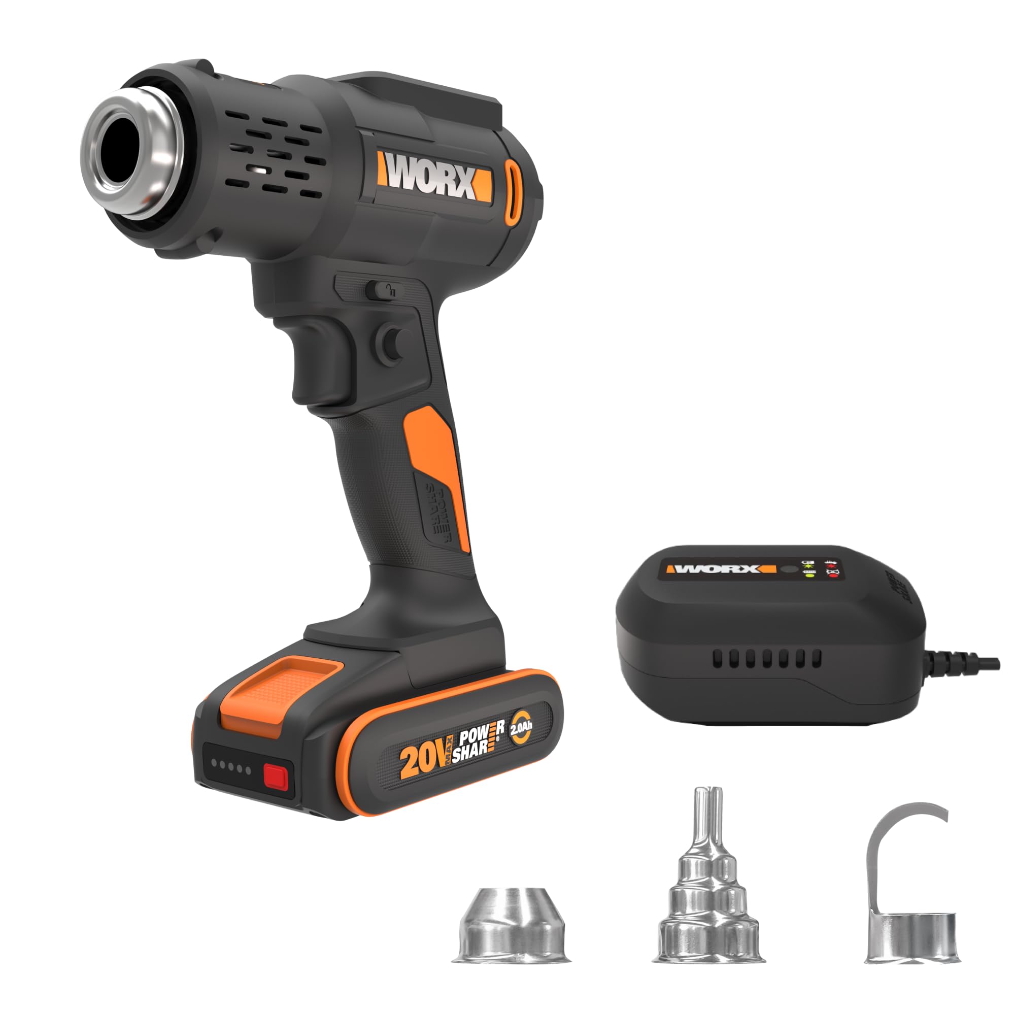 WORX WX015 Akku Heißluftpistole 20V, 20–600°C einstellbar in 10°C-Schritten, LCD-Display, Memory-Funktion, schnelles Aufheizen, inkl. 2Ah Akku & Ladegerät