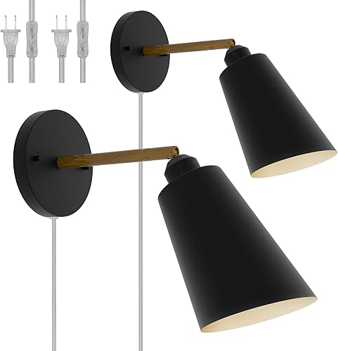 Apliques de pared enchufables, apliques de pared negros de ángulo ajustable, luces de pared con cable de enchufe e interruptor de encendidoapagado,